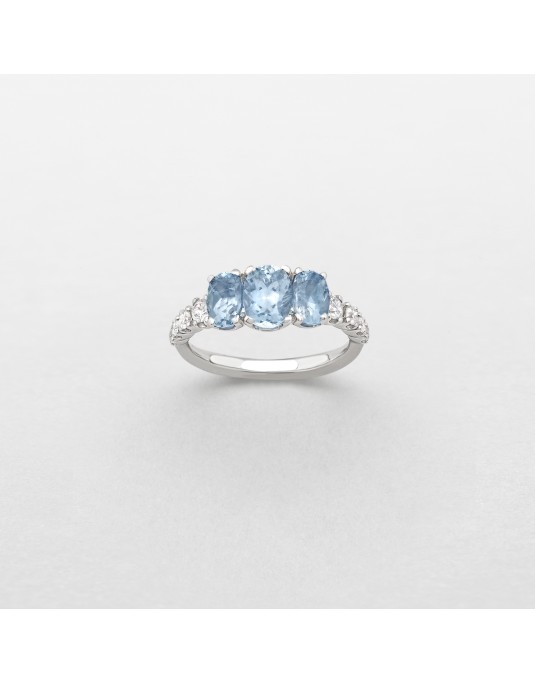 anello in oro bianco, diamanti e acquamarina